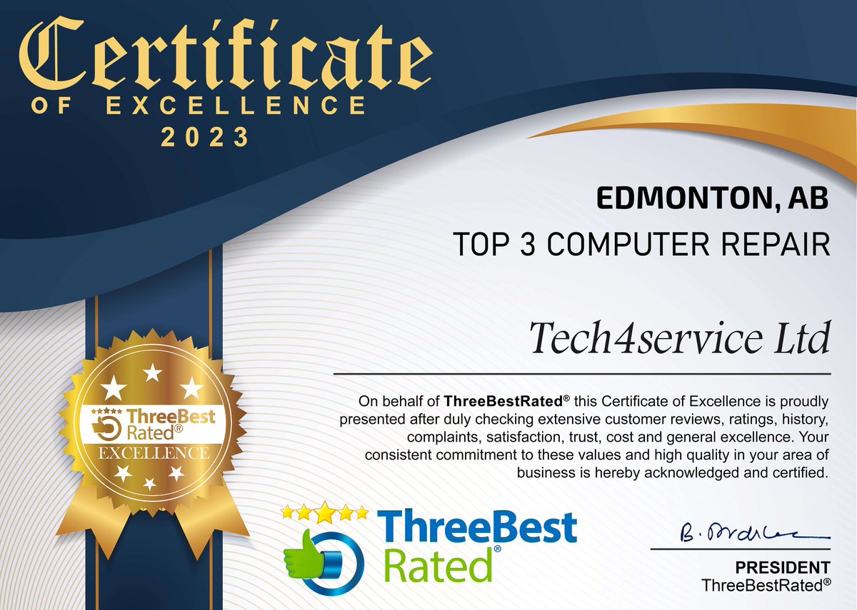 tech4service's tweet image. We are glad to share our happiness with you all that we have got the certificate of appreciation from ThreeBestRated. This certificate is for the best top 3 computer repairs which means a lot to us.  

#ComputerRepairing #laptopscreenrepair #screenreplacement #Canadá