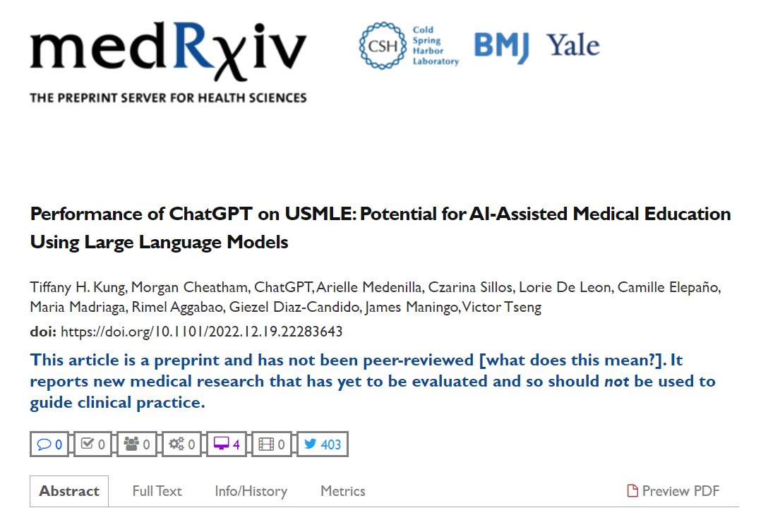 Ternyata sudah ada paper yg memasukkan ChatGPT sbg co-author di paper. Lama-lama ChatGPT bisa jadi penulis nomor 1 di SINTA nih. 

Paper: medrxiv.org/content/10.110…