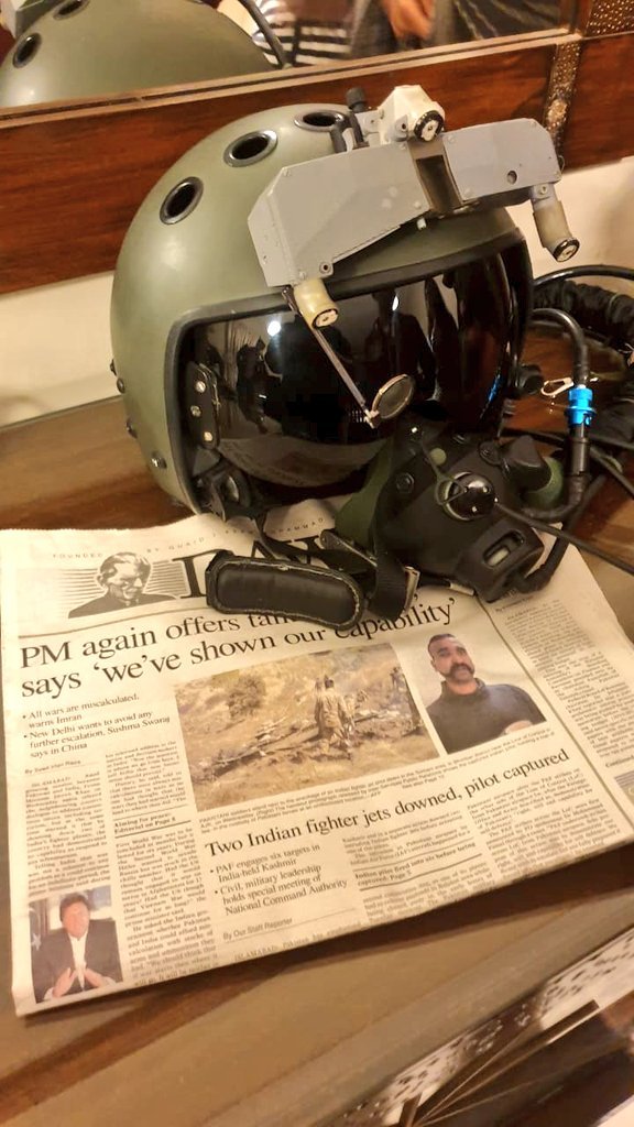 sohailahmedsa's tweet photo. War Trophy: Flying Helmet of Indian Pilot Wg Cdr Abhinandan Varthaman (Service # 27981) who was shot down by F-16AM (92-731) Pakistan Air Force on 27th Feb 2019.
#40YearsofFalcon #PAF #Abhinanadan #Pakistan #OpSwiftRetort #F16 #AAMRAM https://t.co/t2Z0Rek4pP