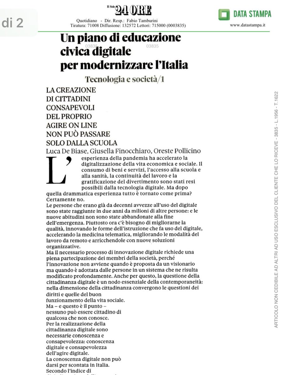 Serve un piano di #educazione civica #digitale per modernizzare l’Italia. Per realizzare la cittadinanza digitale sono necessarie #consapevolezza nell’ agire digitale e #conoscenza delle digitale. 
Connettiamo il #futuro senza lasciare nessuno indietro. <a href="/asstel_it/">Assotelecomunicazioni</a> 
Da leggere👇🏻