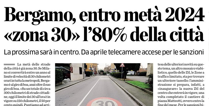 Già oggi la metà delle strade di #Bergamo è #zona30. E andiamo avanti. Priorità, mettere in sicurezza il reticolo viario dei quartieri. Rimangono i 50 all’ora sulle principali arterie di scorrimento.