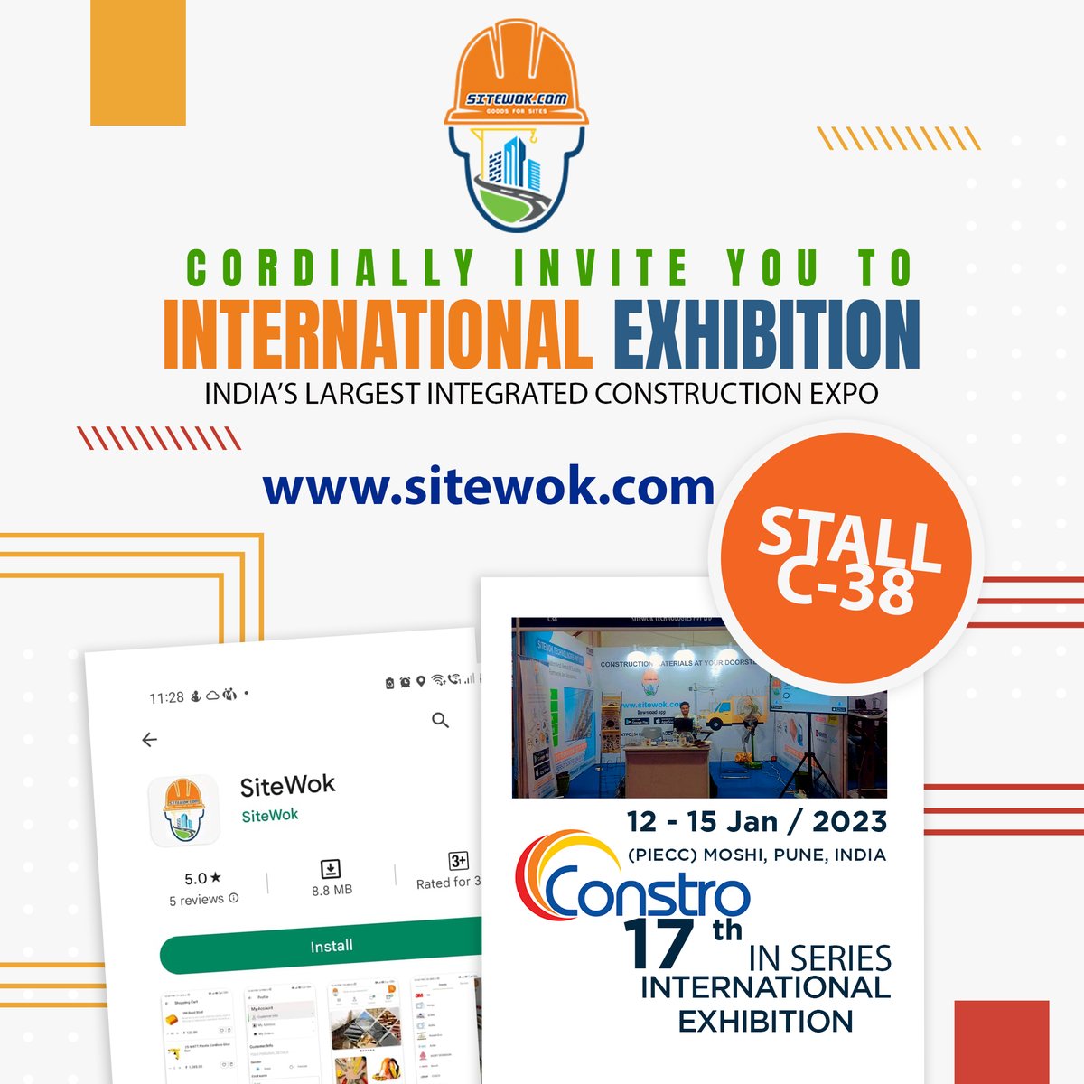 Cordially Invite You Too 17th India's Largest Construction Expo 
Visit Our Stall - C38
(PIECC) Moshi,Pune
#constro #constroindia #constro2023 #Constructionexhibition #internationalexibition #expo #sitework #sitewok #buildingmaterialsupplier #constructionmaterialsupplier