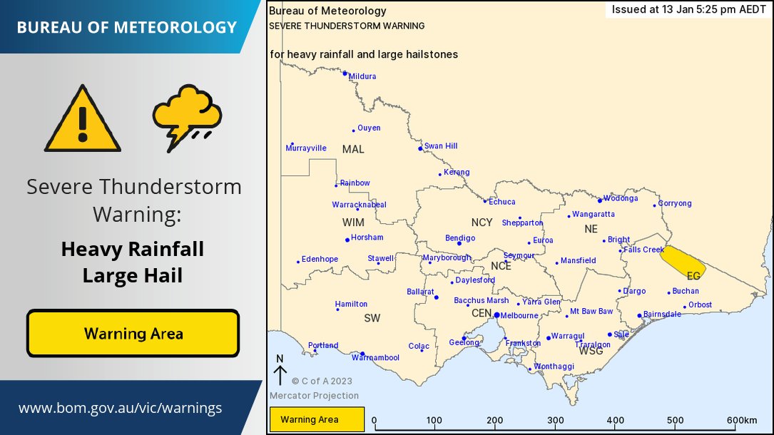 BOM_Vic's tweet photo. ⚠️ A Severe Thunderstorm Warning has been issued for HEAVY RAINFALL and LARGE HAIL over parts of the East Gippsland ranges over the next several hours. Full details: https://t.co/A7h1i0W41o https://t.co/99HJTY4D9Q