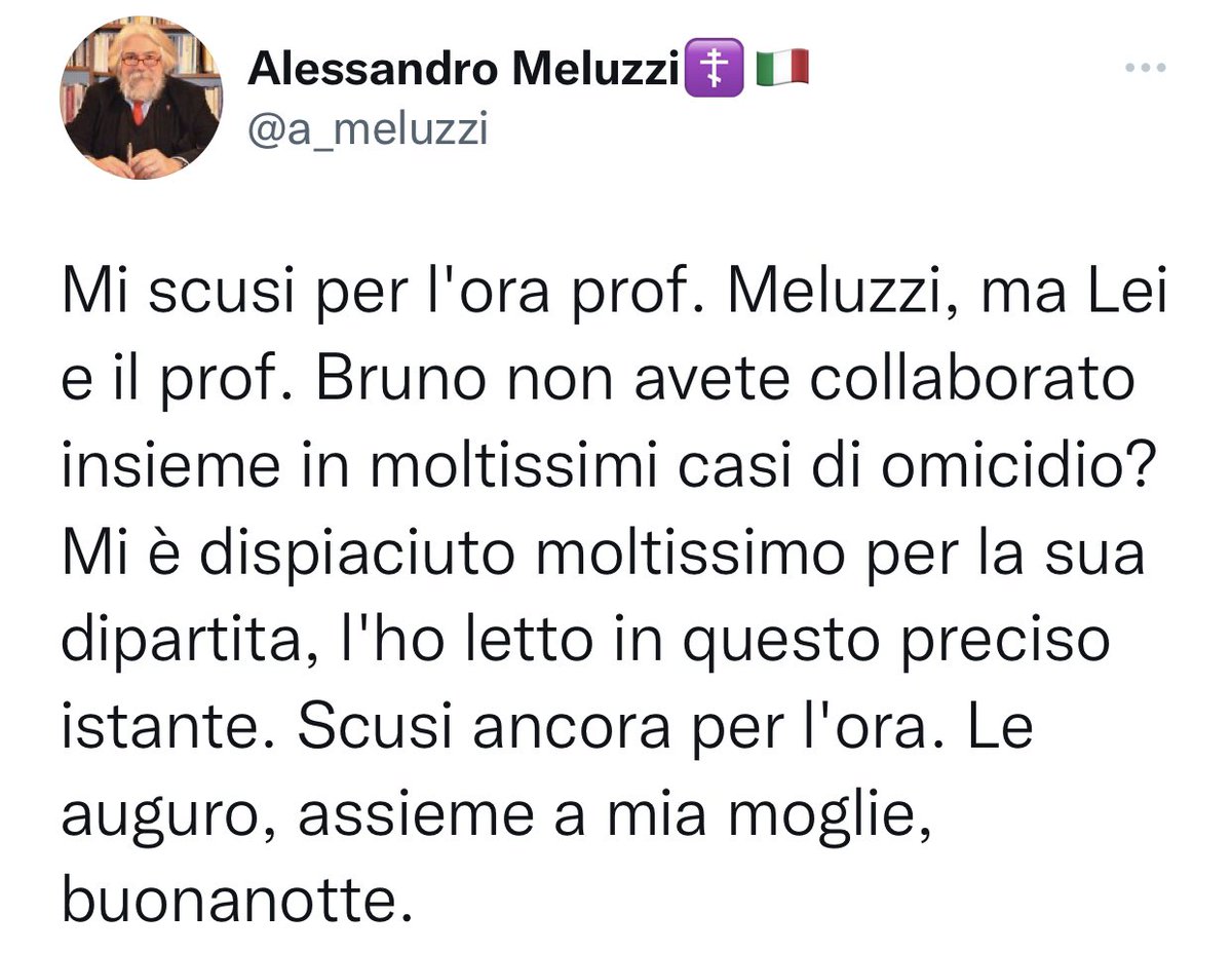 Traduzione: “Ho svariati account tramite i quali rivolgo a me stesso domande con molta osservanza, dandomi addirittura del lei e del dottore.” #meluzzi #pirluzzi