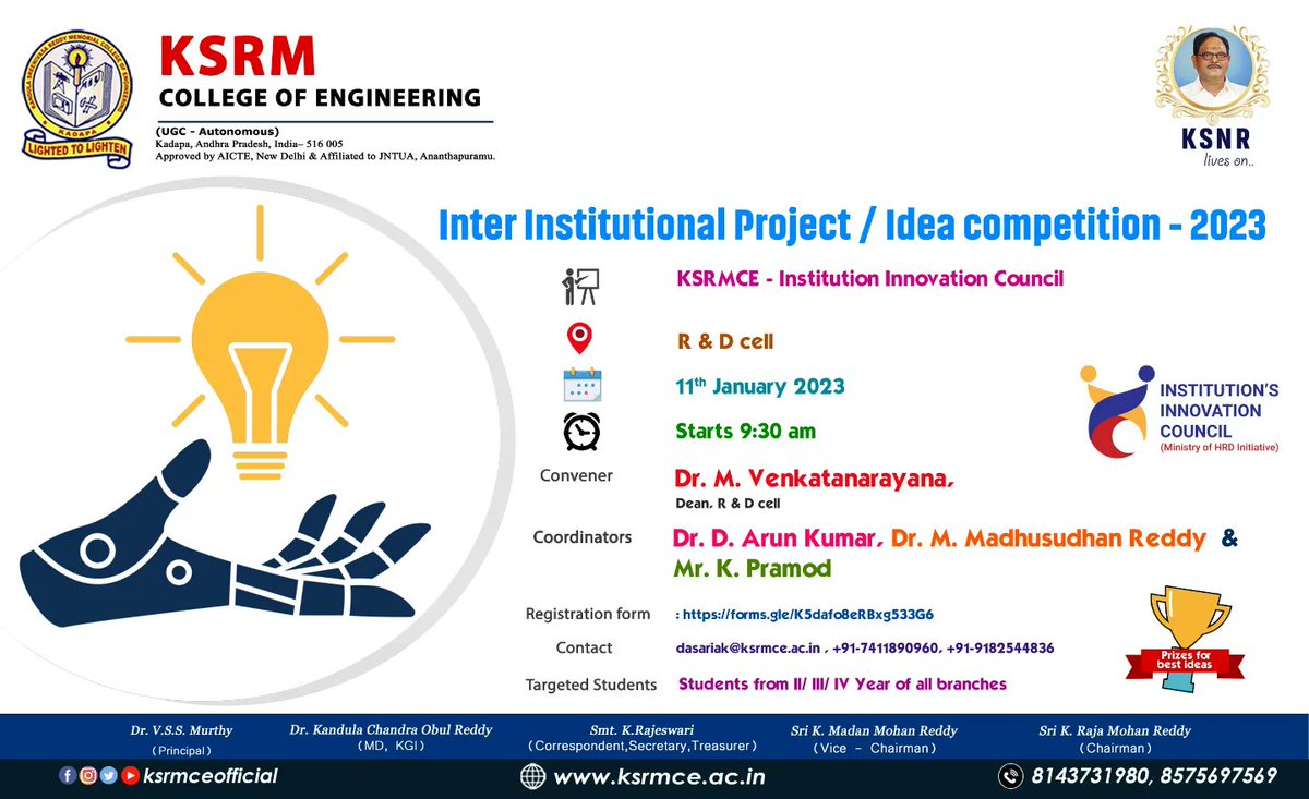 ksrmceofficial's tweet photo. KSRM R&amp;D organized Inter institutional project / Idea competition 2k23 on 11th Jan 2023

#ksrmrd #ideacompetition #KSRM #ksrmce #kandulagroups #engineering #kadapa #ksrmceclubs #jntua #AICTE #aishe #apsche #IntiativesofMHRD #ugc #iic https://t.co/9S7T53piVM