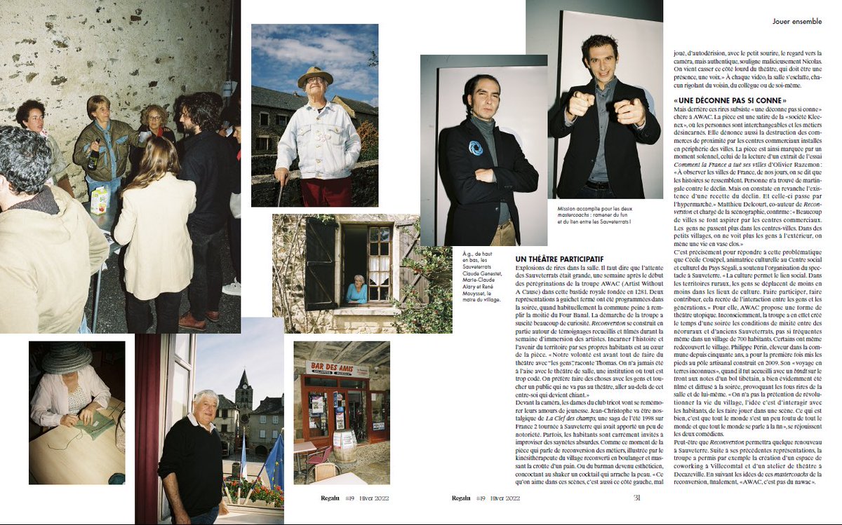 A Sauveterre-de-Rouergue, village aveyronnais menacé par la fermeture des services publics et des commerces, la troupe de théâtre AWAC propose 1 pièce qui va sortir le territoire du marasme. Par du grand n’importe quoi mais aussi un fond de sérieux…
A lire sur <a href="/Regain_Magazine/">Regain Magazine</a>