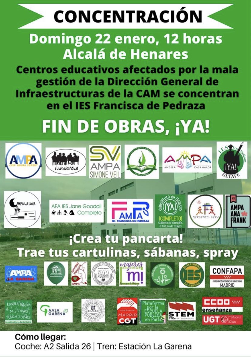 Las familias 👩🏽‍🎓afectadas 👨‍🎓por la gestión de Infraestructuras en Centros Educativos de la CAM, se CONCENTRARÁN 👨‍👩‍👧‍👧 en Alcalá de Henares, para instar a la CAM a cumplir sus 🚧COMPROMISOS 🚧<a href="/NunezFeijoo/">Alberto Núñez Feijóo</a> <a href="/IdiazAyuso/">Isabel Díaz Ayuso</a> <a href="/eossoriocrespo/">Enrique Ossorio</a> <a href="/mbautista_pp/">Manuel Bautista</a> <a href="/lorenaherased/">Lorena Heras</a> <a href="/JudithPiquet/">Judith Piquet</a>