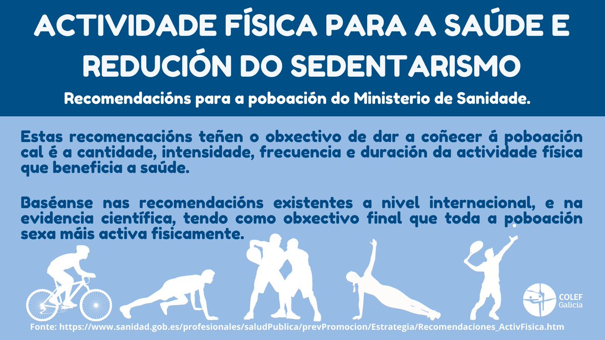 Numerosos estudos demostran a importancia de ser activo fisicamente e reducir o sedentarismo, o @sanidadgob publica as recomendacións para a poboación.
#ExercicioFísicoSaúde #ActividadeFísicaEsencial #StopSedentarismo
Accdede ao documento👉🏽bit.ly/3GZjf8K