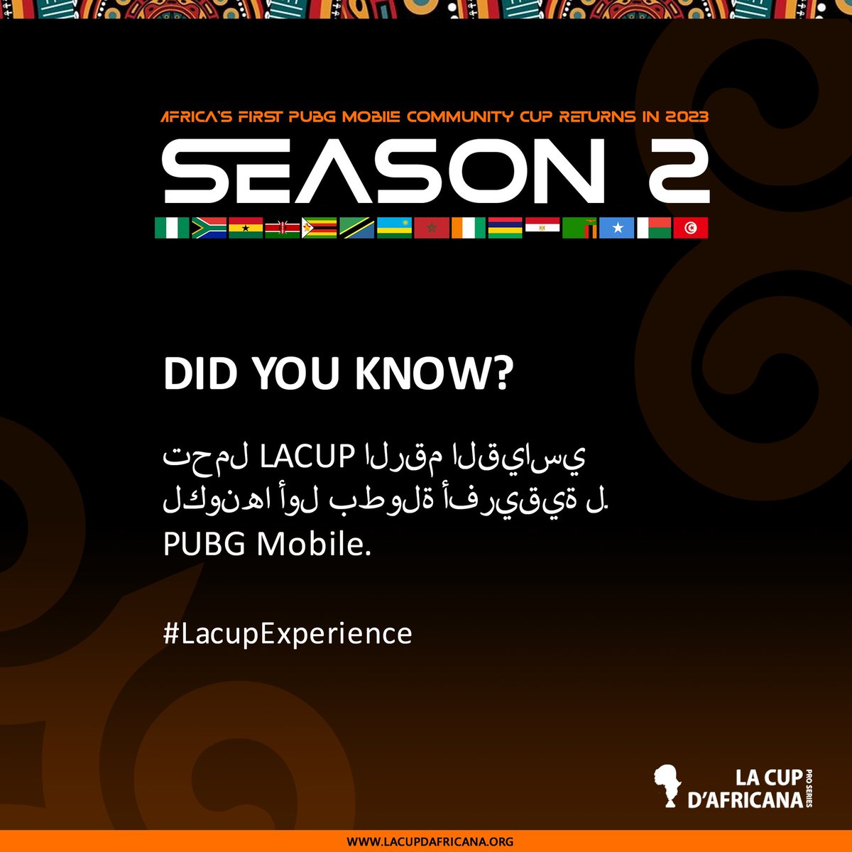 LaCupdAfricana's tweet photo. Are you ready Africa! 

It’s time to dust your guns, grenades ands supplies. The most anticipated @PUBGMOBILE African community cup returns in 2023 #LaCupDA🇳🇵

#LacupExperience #LaCupSeason2 https://t.co/XTgg79Fk9S