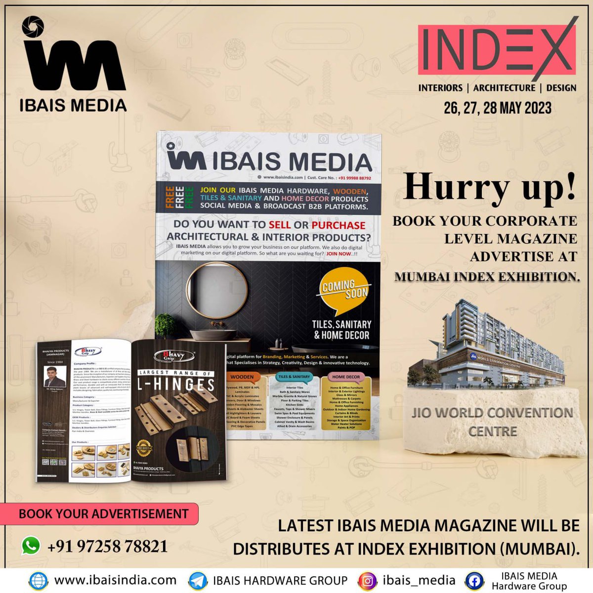 ibais_hardware's tweet photo. Do you want to Advertise Your Brand on IBAIS MEDIA Magazine📚?
IBAIS MEDIA PVT. LTD. (RAJKOT)
For enquiry via WhatsApp click:
https://t.co/OviZW963GH
Mr. Prites Rajani - 97258 78821
#magazineadvertisement #hardwareproductsmagazine #exhibition2023
.
@IBAISMEDIA https://t.co/CeVB3fhLag