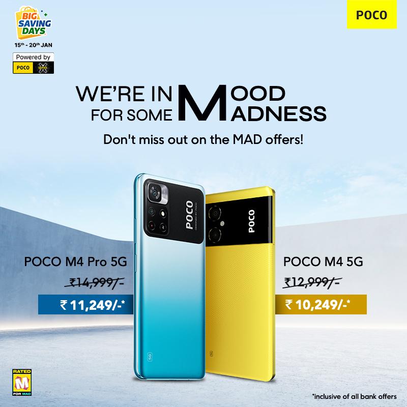 IndiaPOCO's tweet photo. It’s a PSA- Public Sales Announcement✨ Don't miss the opportunity to grab the POCO M4 Pro 5G &amp; POCO M4 5G at an unbelievable price! 

Link 👉🏻 https://t.co/MZiPMHt3KY https://t.co/K5Bcje2Doo