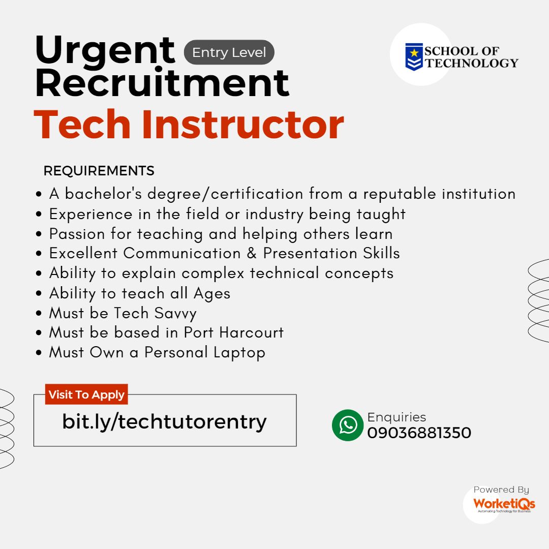 sotafrica's tweet photo. Calling On Aspiring Tech Instructors!

Click Here to Apply
https://t.co/6f6fqTzSgO

For Enquiries: 09036881350 
Or Reach:  @bosahkc &amp; @njokuevy 

#Team #Career #Recruitment #joinOurTeam #WorketiQs #SOTAfrica https://t.co/OmjuvfJ8Gu
