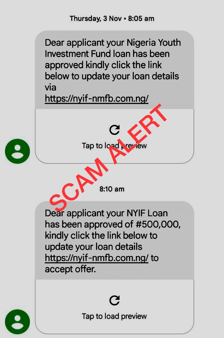 NirsalMFB's tweet photo. Disclaimer❗️scammers are circulating text msgs informing individuals their NYIF loan has been approved, requesting they pay some money to get their token. Pls note NMFB will never ask you to pay any amount of money to access our  products. Beware of fraudsters ⚠️ #nmfbcares #tgif https://t.co/giSVgEM2gX