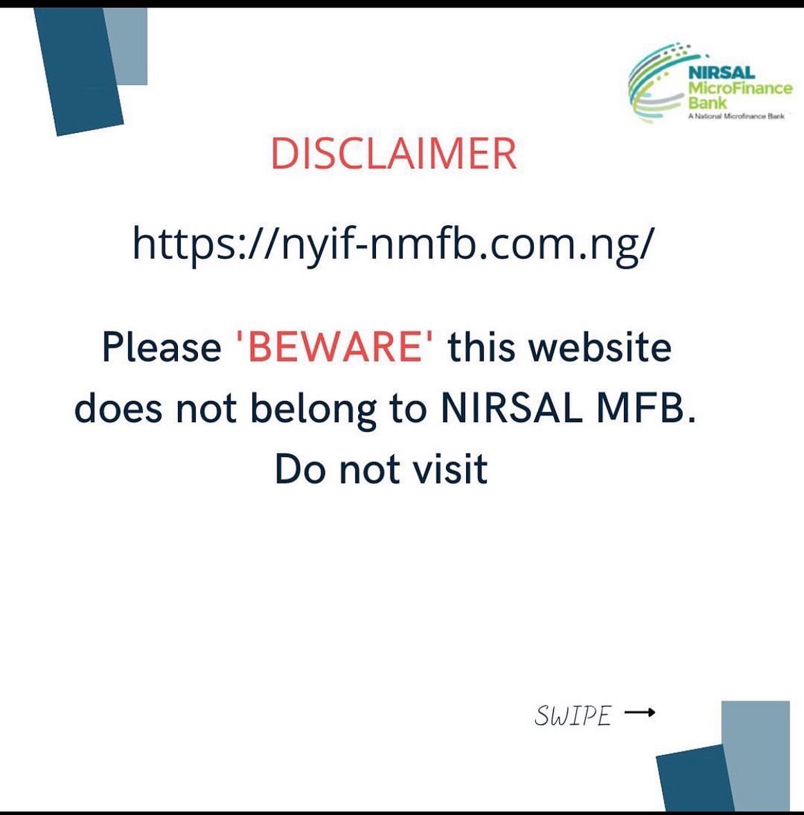 NirsalMFB's tweet photo. Disclaimer❗️scammers are circulating text msgs informing individuals their NYIF loan has been approved, requesting they pay some money to get their token. Pls note NMFB will never ask you to pay any amount of money to access our  products. Beware of fraudsters ⚠️ #nmfbcares #tgif https://t.co/giSVgEM2gX