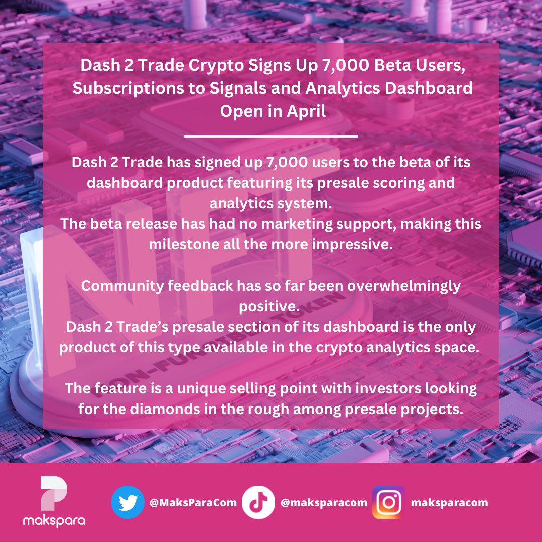 MaksParaCom's tweet photo. Dash 2 Trade Crypto Signs Up 7,000 Beta Users, Subscriptions to Signals and Analytics Dashboard Open in April #crypto #cryptocurrency #cryptonews #cryptotrading #nft #blockchains #metaversenft https://t.co/CX6UZnlCbk