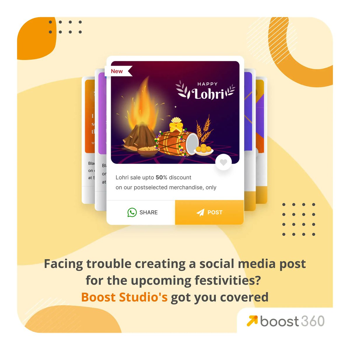 NFBoost's tweet image. &quot;Put an end to the struggle of creating social media posts and let Boost Studio do the work for you. Create professional-looking designs in minutes with our pre-made templates and send unique festive greetings to your loved ones. 

 #Boost360 #DesignMadeEasy #GraphicDesign