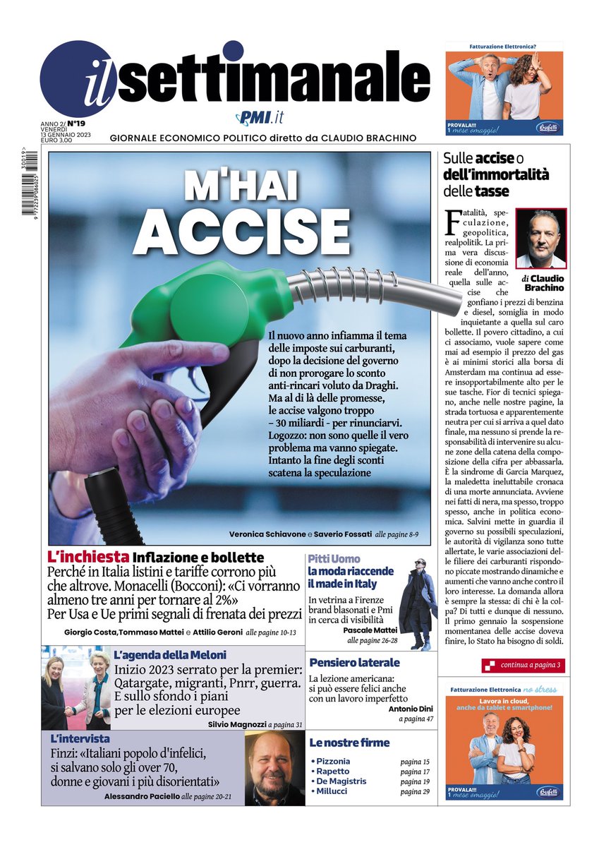 PMI_it's tweet photo. Sulla #primapagina del nuovo #IlSettimanale si parla di accise e delle mosse del governo che hanno spinto i benzinai allo sciopero. Ma la colpa di chi è? Di tutti e di nessuno, dice @CBrachino. Nell’inchiesta diamo un po’ i numeri: #accise, #inflazione, #gas.
#13gennaio https://t.co/psneJAMg5U