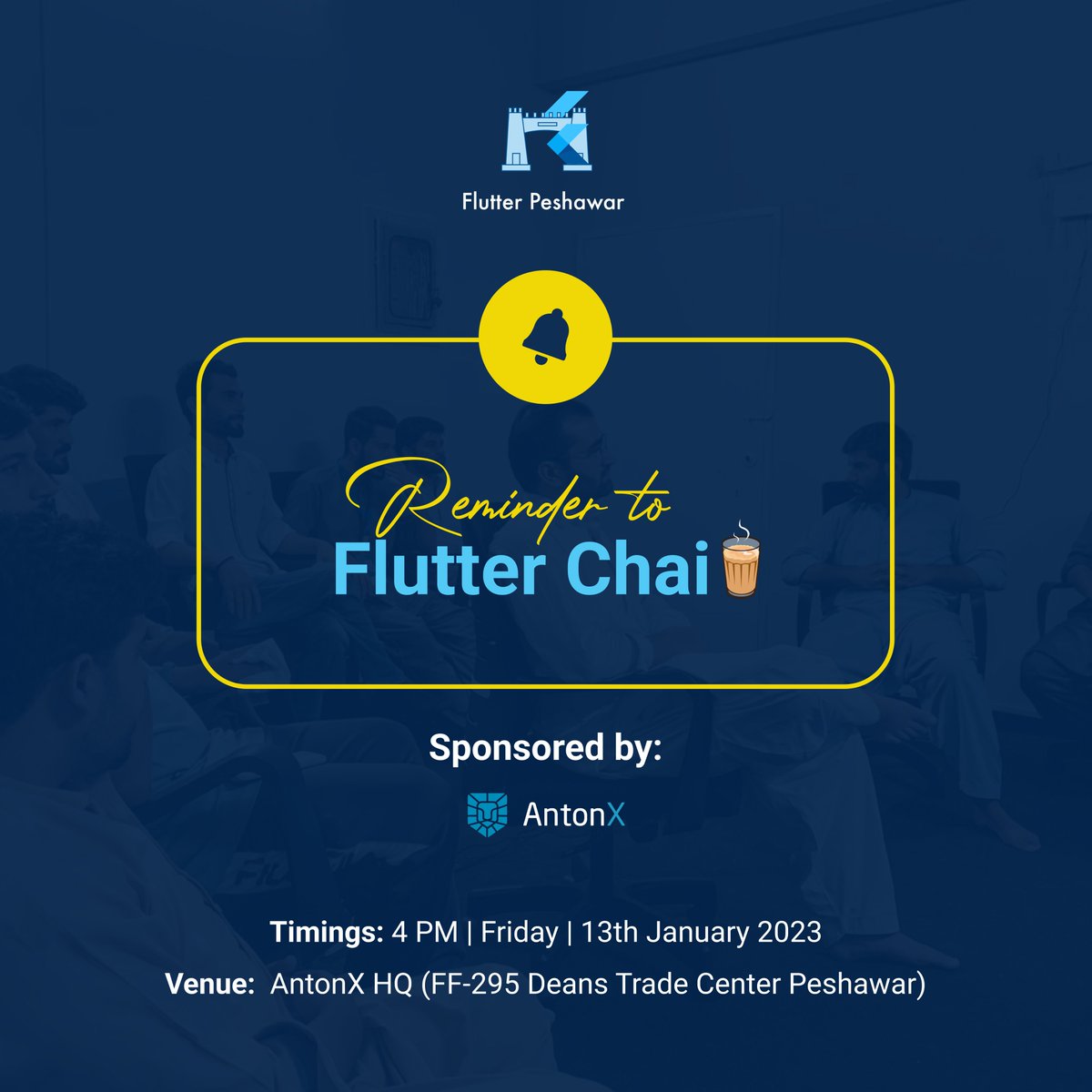 FlutterPeshawar's tweet photo. Knock Knock!! A quick reminder!

🕐 Date and Time: Jan 13, 2023, 4:00 PM (Today)
📍 Venue: AntonX HQ, FF-295, Deans Trade Center, Peshawar https://t.co/YjjPmVUCMv