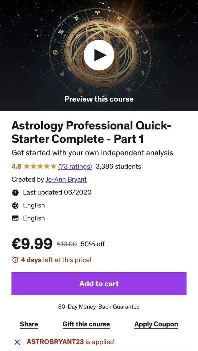 Learn_Astrology's tweet photo. Astrology Professional #course by @JoAnnBryant_ ⭐️⭐️⭐️⭐️⭐️
3,386 students enrolled

For a limited time for only $ 9.99

Only 4 days left at this price.

Coupon code: ASTROBRYANT23
@udemy @everythingCour1 @teachemy @Course_club @Newcoupon01 #Astrology
https://t.co/gjaFuy0nkj https://t.co/CORwPDDA12