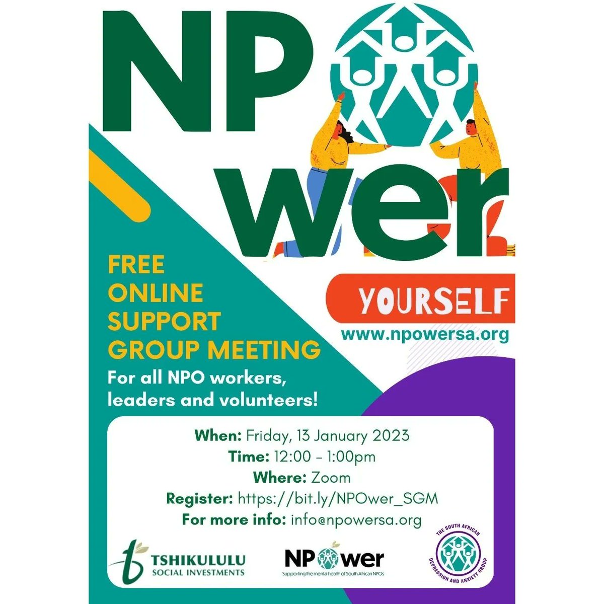 TheSADAG's tweet photo. Are you an NPO worker, leader, or Volunteer? Don't miss NPOwer's first FREE Online Support Group Meeting for 2023! Join us TODAY at 12:00pm via zoom. Click the link below to join us. https://t.co/fpVCWFfkE3. #PowerofSupportGroups #NPOWER #NPOs https://t.co/zpbTUKWEdy