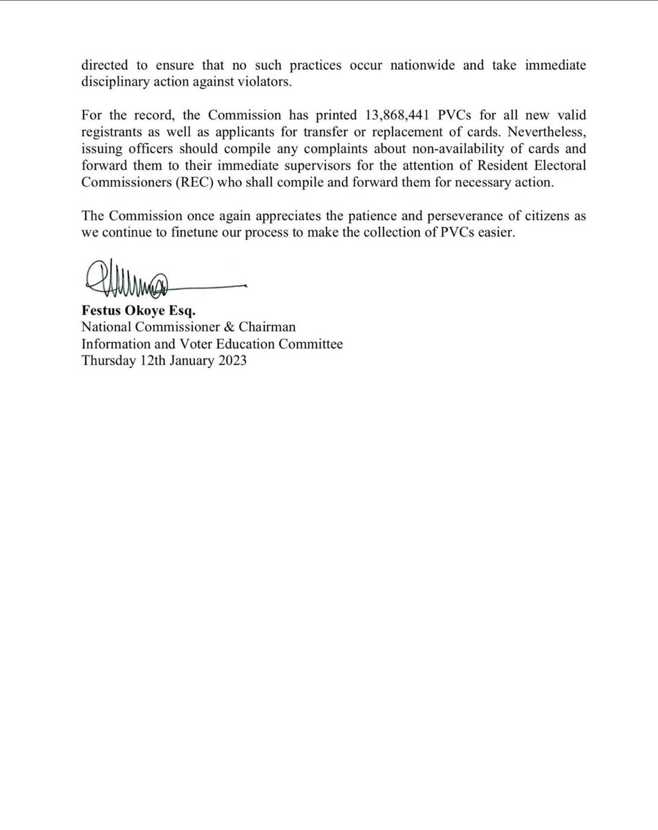nkwo_joseph's tweet photo. Good news from @inecnigeria, press release 
An extension of PVC collection, instead 22nd ending of pvc collection initially stated by @inecnigeria now it has been extended to 29th of January 2023
Please go and get your PVC 
@ThisGenNG 
#thisgencivicfellow 
#yourvotecount https://t.co/Z2fHjZz9WQ