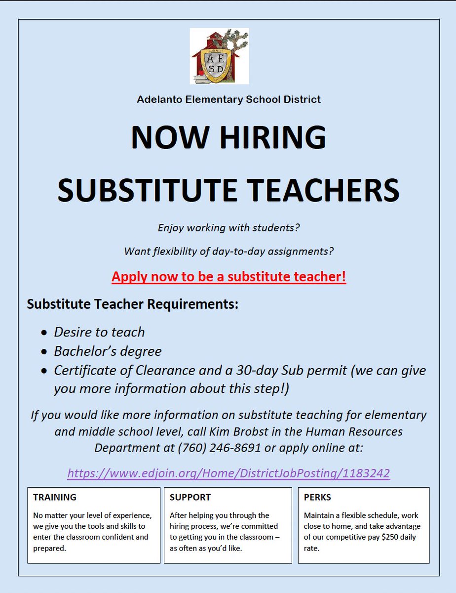 Adelanto Elementary School District is now hiring substitute teachers- Join Our Team!
