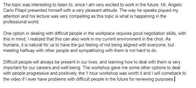 elibuiii's tweet photo. Tuano, Elijah Manuel M.
2019167522
Far Eastern University Chorale

hours: 1hr 22mins

January 10, 2023

Workshop : Dealing With Difficult People in the Workplace

@FEUCenterArts https://t.co/AivOnSfQn0