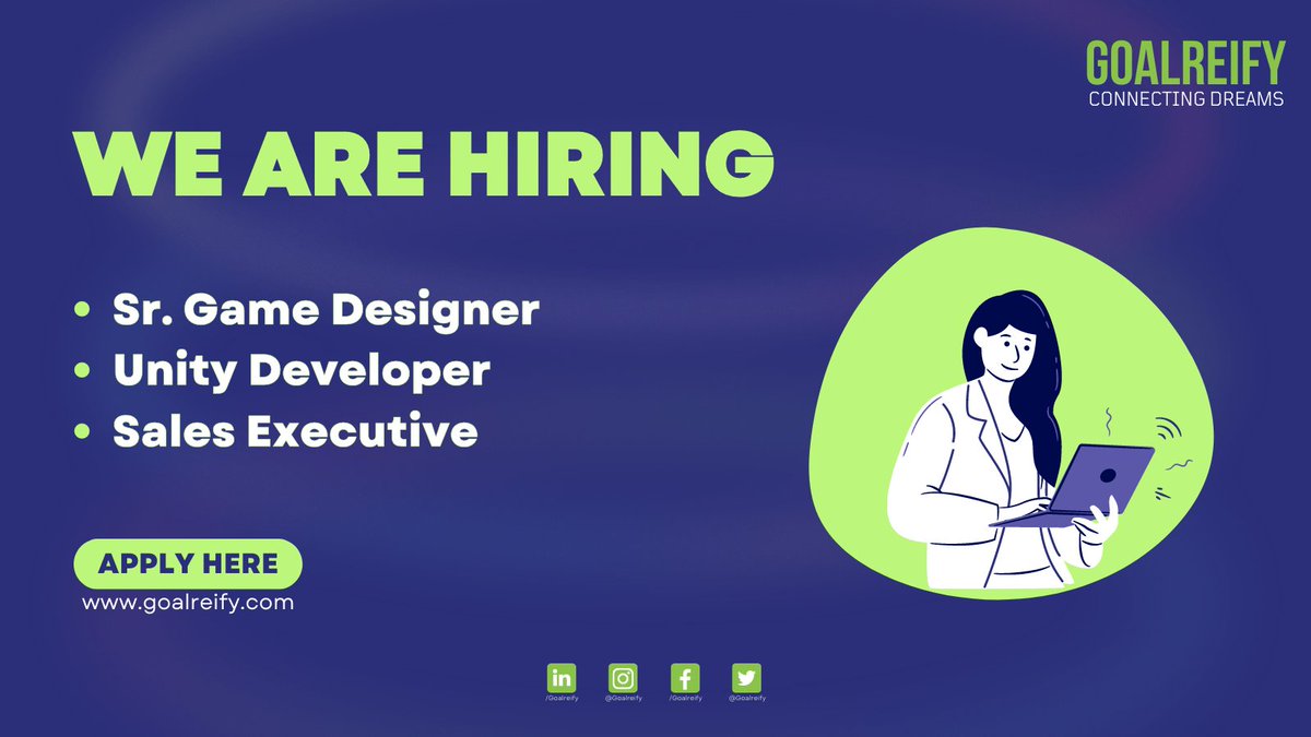 We are #hiring multiple position for our client please check below.

#goalreify #gamingcommunity #gaming #gamingjobs #csharp #unity #unitydeveloper #unity3d #gamedeveloper #gamedesign #gamedesigner #designer #design #salesexecutives #itsales #salesjobs #salesexecutivejobs