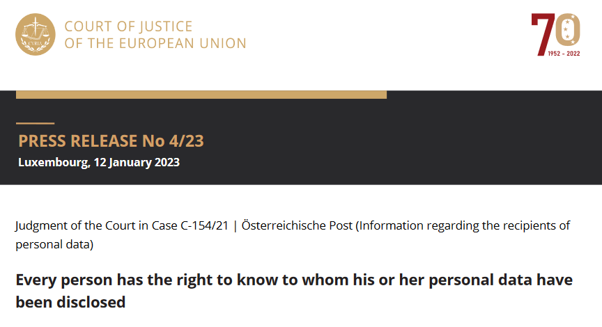 ArticleEightIE's tweet photo. This is a significant clarification from the Court on the information data controllers are obliged to provide to data subjects when responding to a Subject Access Request.

➡️ Press release: https://t.co/QLGD5YGytv

➡️ Judgment: https://t.co/P0w3GGfIbV https://t.co/Y2trcmtLbA