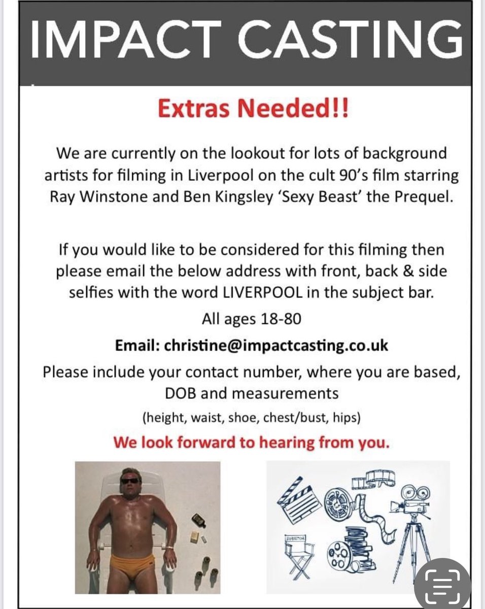 impactmodels's tweet photo. Extras needed in Liverpool for filming on Sexy Beast, get in touch 👇🏽 https://t.co/8SO97bcZf2