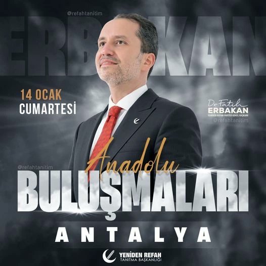 SelmanGedikoglu's tweet photo. Genel Başkanımız Dr. Fatih Erbakan, #AnadoluBuluşmaları kapsamında 14 Ocak'ta #Antalya'lılarla buluşacaktır.

#MüjdelerOlsunAntalya #ErbakanGeliyor #RefahGelecekYüzlerGülecek https://t.co/CjYUT32iPj