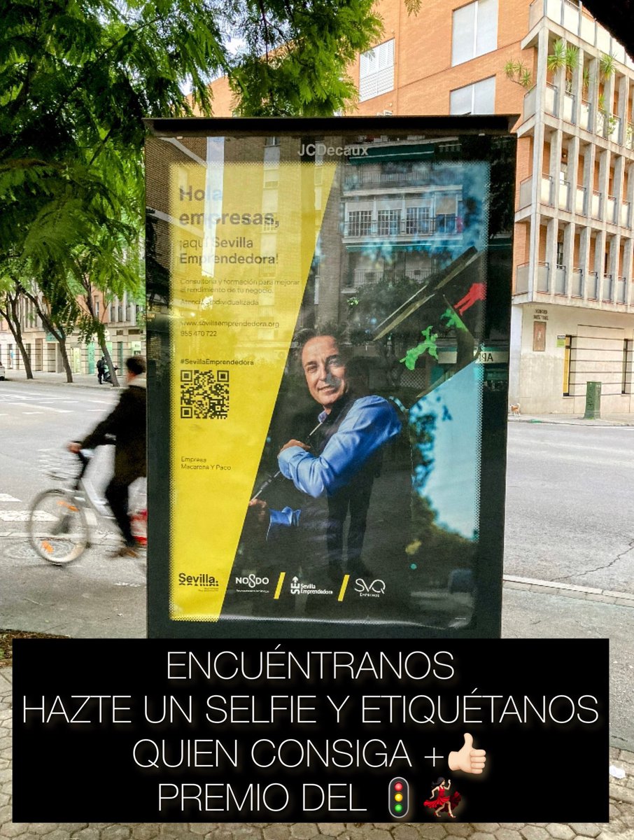 MacarenayPaco's tweet photo. Concurso #MacarenayPaco en los #mupis de #Sevilla Encuéntranos! hazte un Selfie y etiquétanos con @MacarenayPaco . Quien consiga el mayor número de👍🏻, se lleva un premio (☕️🌂☂️🧢) del🚦💃🏻 #Sevilling #arteurbano de #Sevilla y mucho más… @SVQ_Emprende @Ayto_Sevilla https://t.co/QMV7HZ8Agt