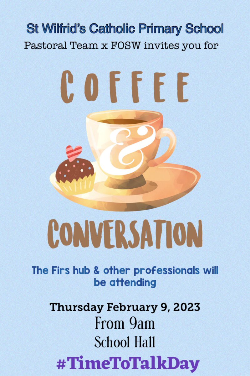 ☕️ Kindness is like coffee. It awakens your spirit and improves your day. ~ Unknown 

Let’s have a chat 😊 

It’s #TimeToTalkDay 

<a href="/stwilfridrc/">St Wilfrid's</a> 💙