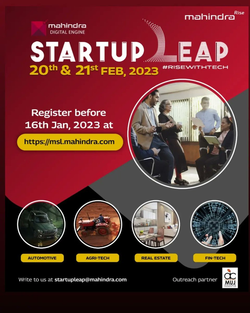 aicmuj's tweet photo. @aicmuj is thrilled to be an outreach partner with Mahindra Digital Engine for the exciting tech StartUp Conclave.  
Register before 16th Jan on - https://t.co/hOAE06H7Cj 
Date of the event – February 20th and 21st, 2023
Location – Mumbai

#startupconclave #technology https://t.co/NDj9qM1w9v