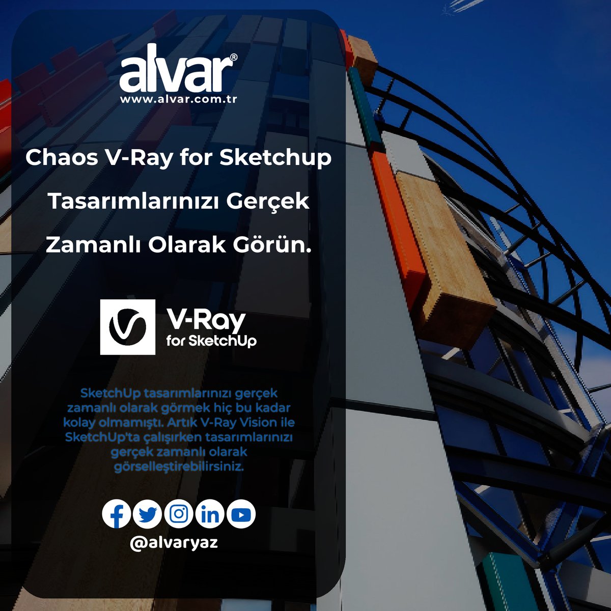 Chaos Vray for SketchUp ile tasarımlarınızı gerçek zamanlı olarak görmek hiç bu kadar kolay olmamıştı. 
Daha Fazlası İçin Websitemizi Ziyaret Edebilirsiniz.
alvar.com.tr/yazilim/v-ray
#vray #chaosvray #sketchup #vraysketchup #render #işleme #alvaryaz