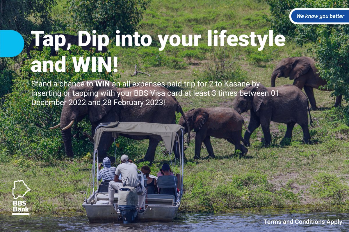 BBS_BW's tweet image. You could win an all expenses paid trip for 2 to Kasane!
All you have to do is visit any shop, use your BBS Visa card at least 3 times between 01 December 2022 and February 28 2023!
#BBSVisa #VISA #TapDipandWin