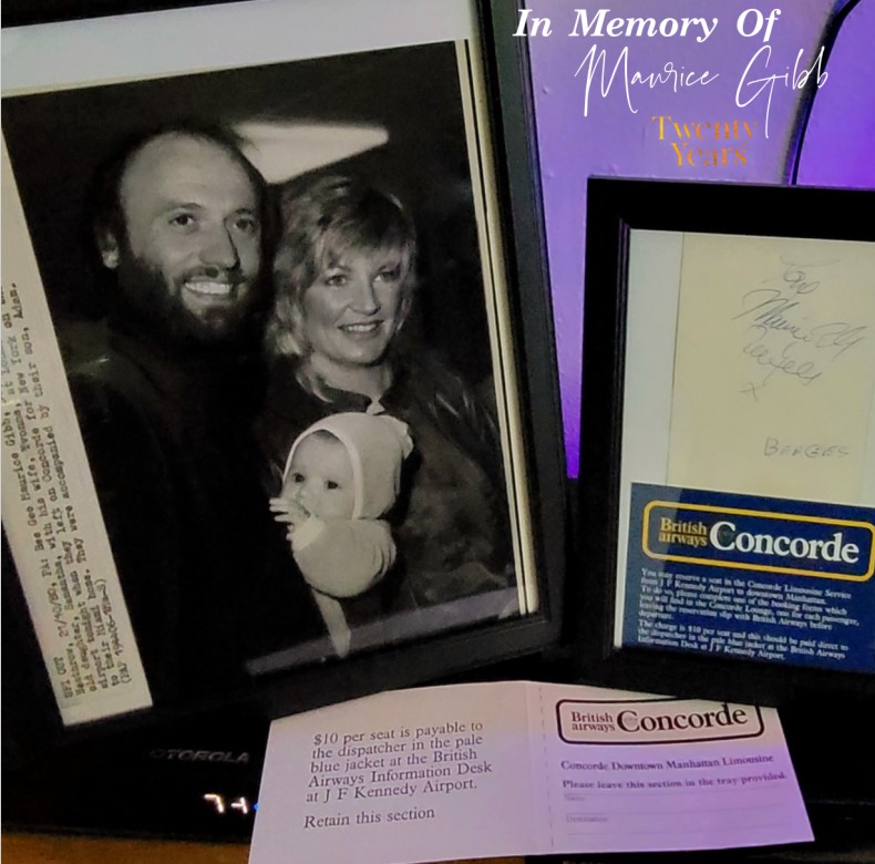 bgscucumbercas1's tweet photo. From my private collection  #MauriceGibb autograph, signed on back of British Airways Concorde card, along w/ press photo of him, Yvonne, &amp; Samantha boarding Concorde at Heathrow. Items from 1980s #InMemoryOfMaurice #TwentyYears Video shows another flight  https://t.co/3Pwo6DhRvG https://t.co/mCPxQmWCtJ