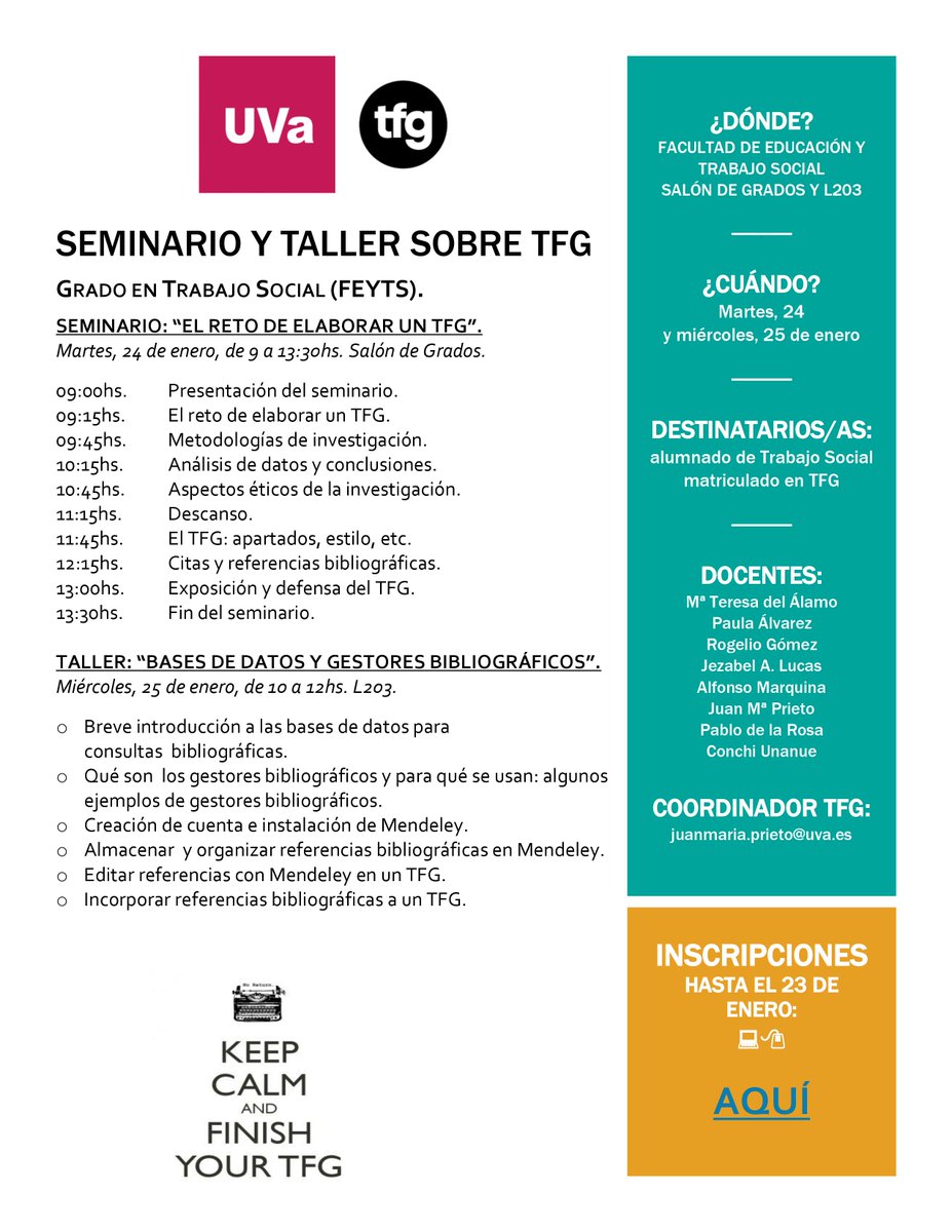 💡AVISO: Seminario Metodológico para la elaboración de #TFG y Taller sobre Gestores Bibliográficos para alumnado de <a href="/TsocialUVa/">TsocialUVa</a> <a href="/feyts_uva/">feyts_uva</a>
 🔛 Martes, 24 y miércoles, 25 de enero. 
⏩Toda la información e inscripciones: gradotrabajosocial.uva.es
👉Y, en breve, también: #RetoTFG2023