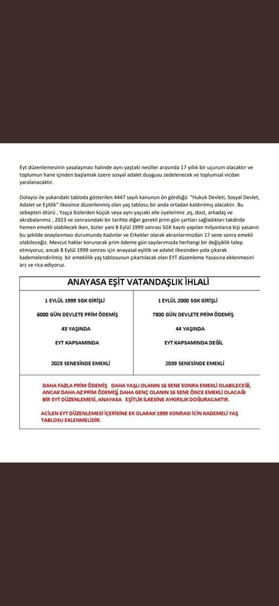 ayhan__tuna's tweet photo. Sayın Cumhurbaşkanım;EYT tek başına,çocuklarınızdan birine bayramlık alıp,diğerine hiçbir şey almamak gibi bir yasa.Bırakın kanunu,yasayı,adaleti,mahkemeyi,insan vicdanen bunu kabullenemez,içine sıkıntı verir.EYT+Kademeli yaş Talep ediyoruz.@RTErdogan #2000sonrasiSgkliyaesitlik https://t.co/Lyi9ShETq6