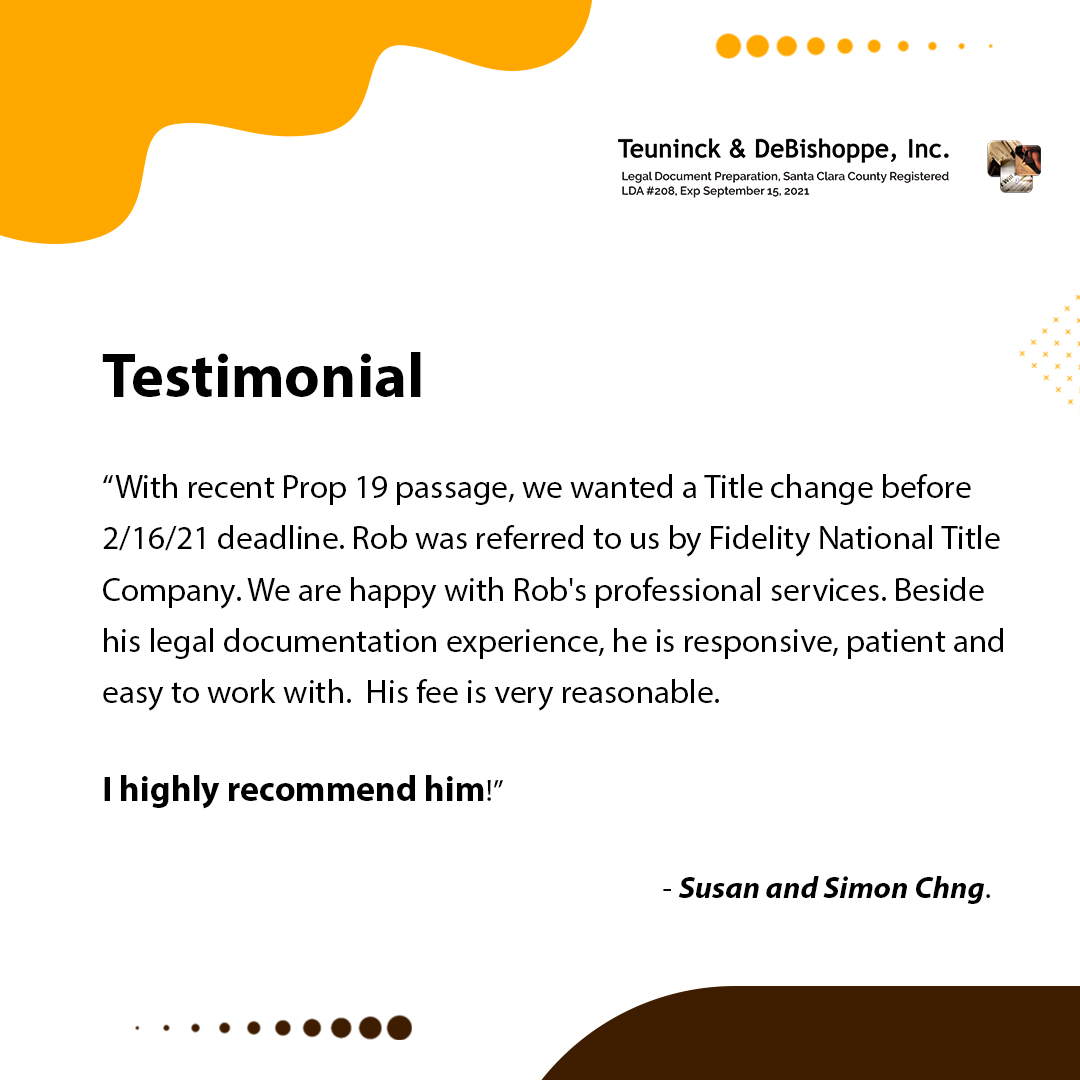 TeuninckL's tweet image. “With recent Prop 19 passage, we wanted a Title change before 2/16/21 deadline. Rob was referred to us by Fidelity National Title Company. We are happy on Rob professional services.

#LegalDocumentAssistant #LegalDocumentProvider #WhatSheSaid #ReviewTime #Testify #ThankYou
