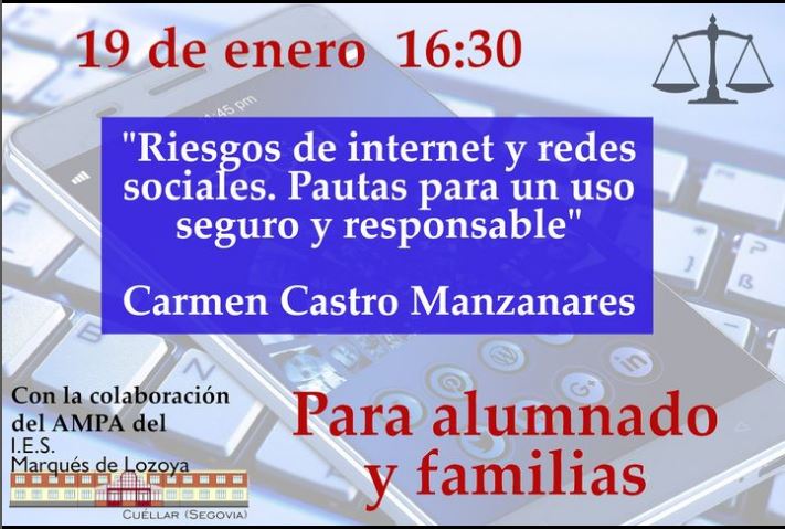 Charla dirigida a toda la comunidad educativa, en especial a nuestro alumnado y sus familias.
Ahora que llevamos internet siempre en el bolsillo, es imprescindible que no solo el alumnado reciba este tipo de charlas.
¡Os esperamos!
