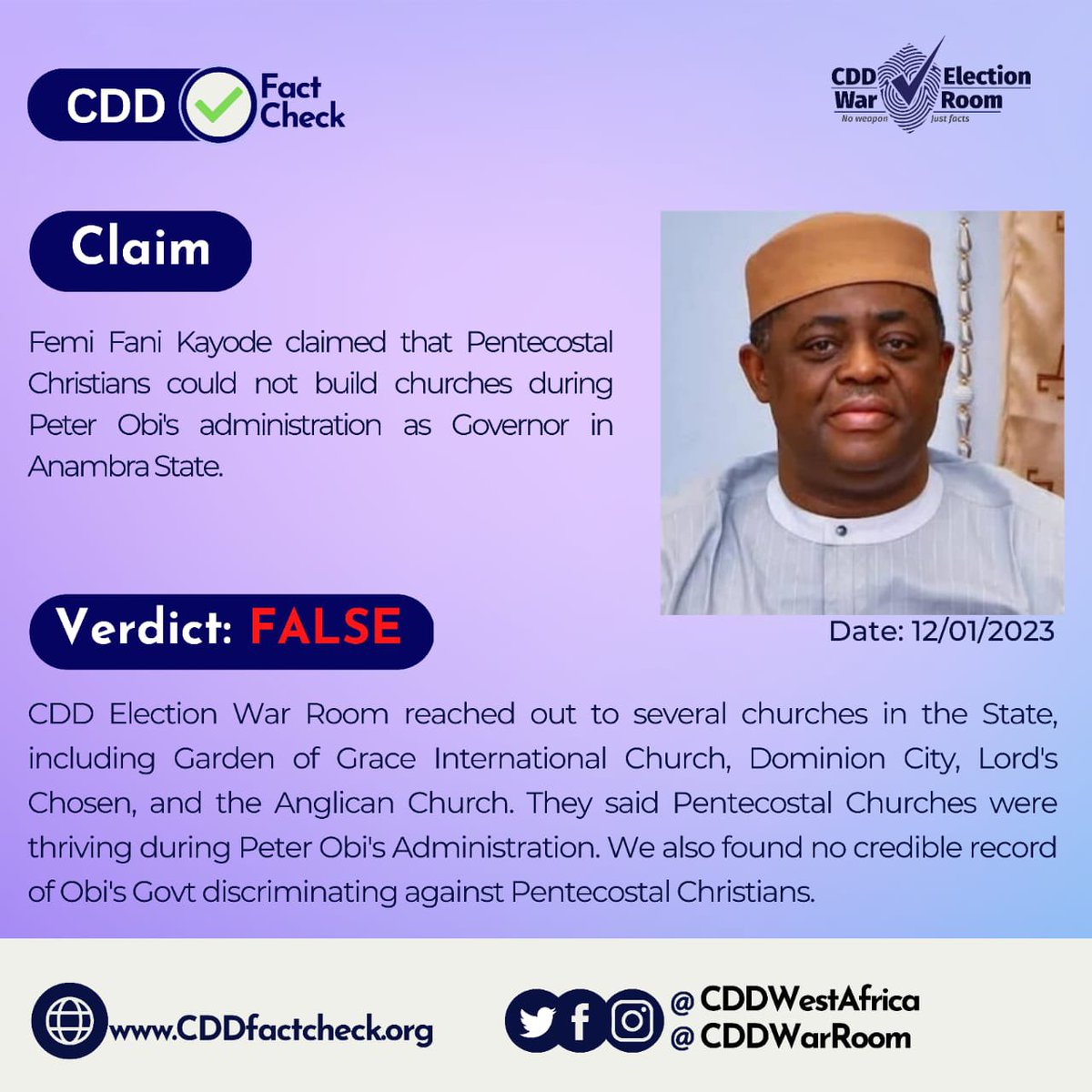 CDDWestAfrica's tweet image. #FactCheck: Femi Fani-Kayode of the All Progressives Congress (APC) made multiple claims about Peter Obi, the presidential candidate of the Labour Party. @CDDWarRoom checked, and here&apos;s what we found. Read more: cddfactcheck.org/?p=17434