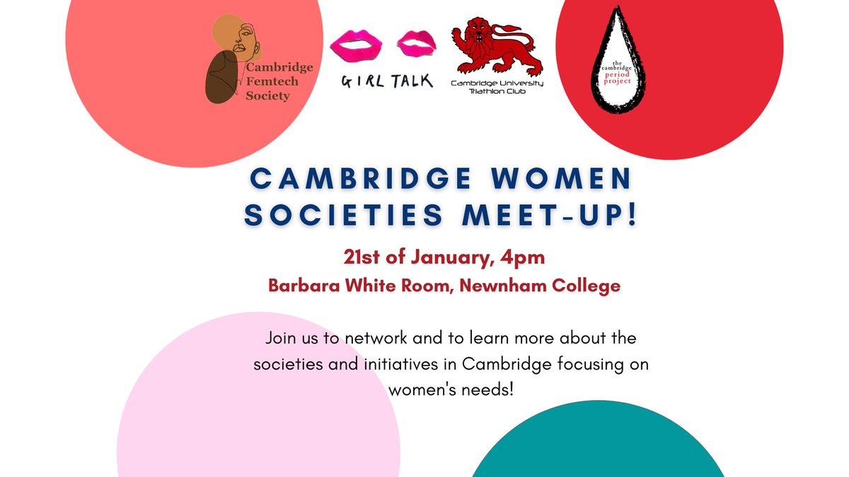New event alert! Join us next Saturday Jan 21st at 4pm at Newnham College to learn more about the societies and initiatives in Cambridge focussing on women's needs😍 The event is free for all, just register at forms.gle/pbpiDw6TtWKhZu…!
