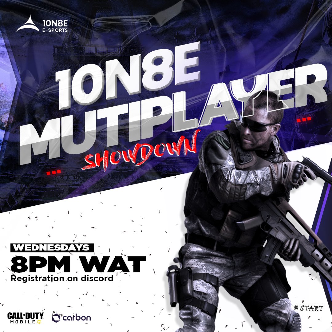 Are you ready africa? 

The 10N8E Multiplayer Showdown is back!

Wednesdays <a href="/8pm/">8pm</a> WAT 

Registration on discord. 

#MultiplayerShowdown 
#10n8eplay #callofdutymobile