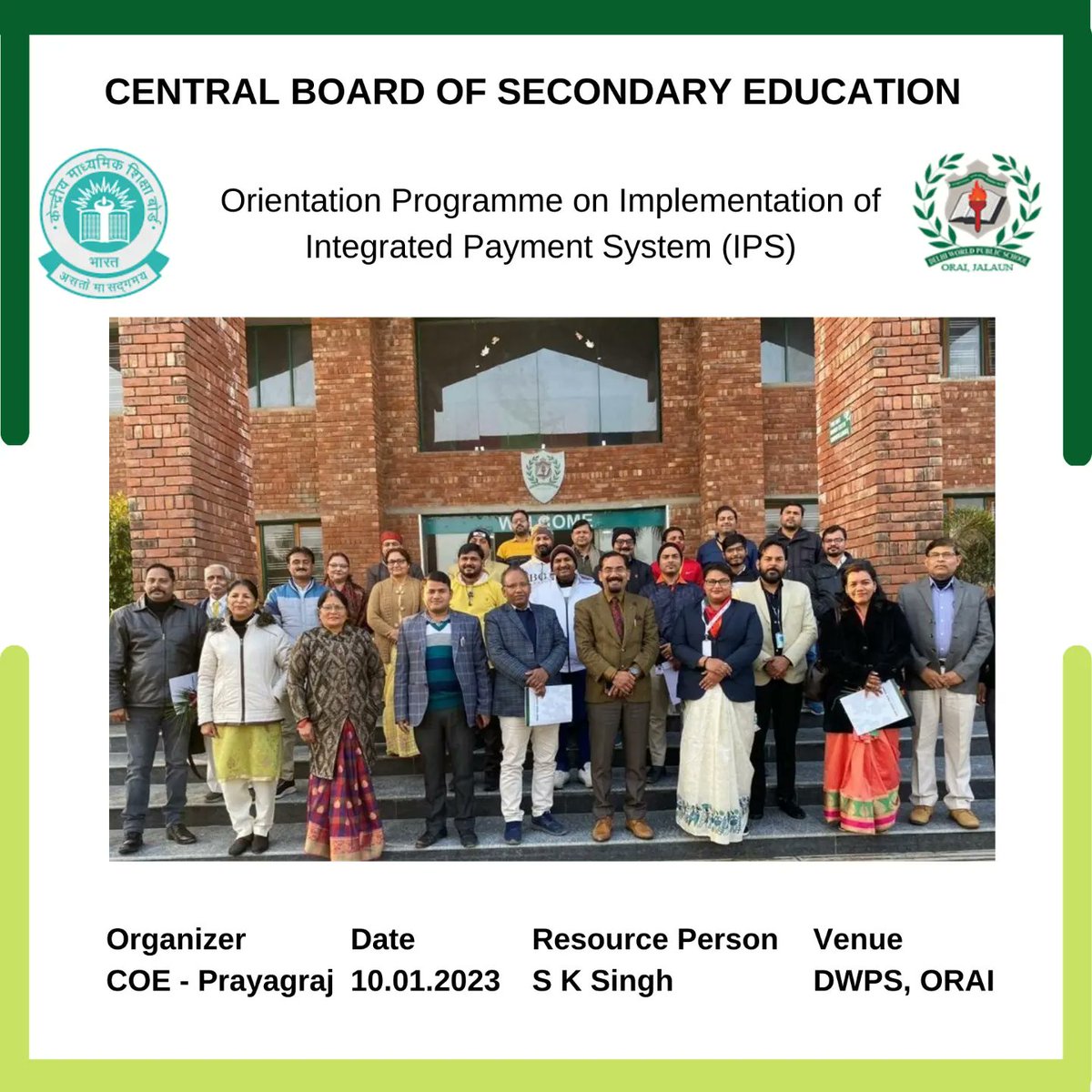 dwps_orai's tweet photo. Thanks to all Principals and teachers of CBSE Affiliated schools of Jalaun district for attending Orientation Programme  organized by COE - Prayagraj at Delhi World Public School Orai. https://t.co/eOpdPFatUS