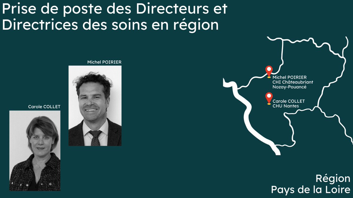 [ 1 jour 1 région ]
Prêt.e pour découvrir où ont pris leur poste les nouveaux Ds ? 
Aujourd'hui, focus sur la région Pays de la Loire avec Carole Collet affectée au <a href="/CHUnantes/">CHU de Nantes</a> et Michel Poirier qui rejoint le CHI Chateaubriant Nozay Pouancé.
Bonne prise de poste !
<a href="/EHESP/">EHESP</a>