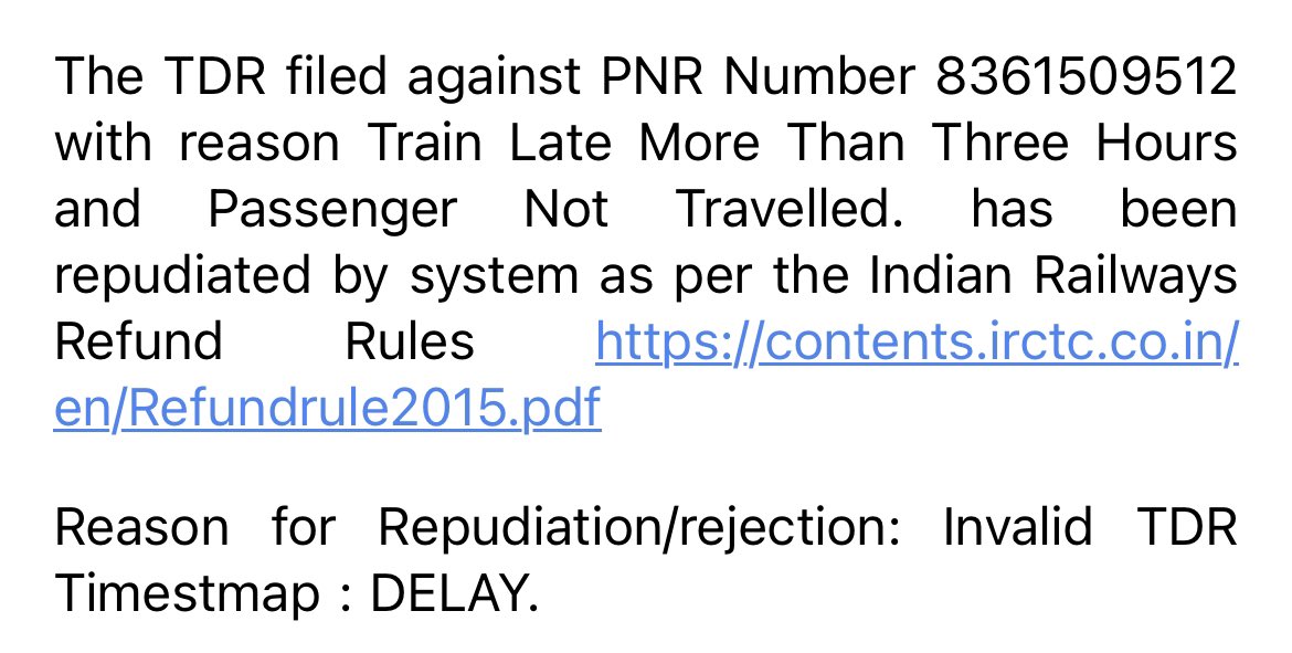 ForceBe_WithU's tweet photo. @RailMinIndia @AshwiniVaishnaw Hi Sir, I had filed TDR for the train which arrived late at our boarding station more than 5 hours and still my TDR is rejected!
Attached screenshot.
This is the second instance where TDR is rejected. 
Request your urgent help! https://t.co/HguNiEfC6Z