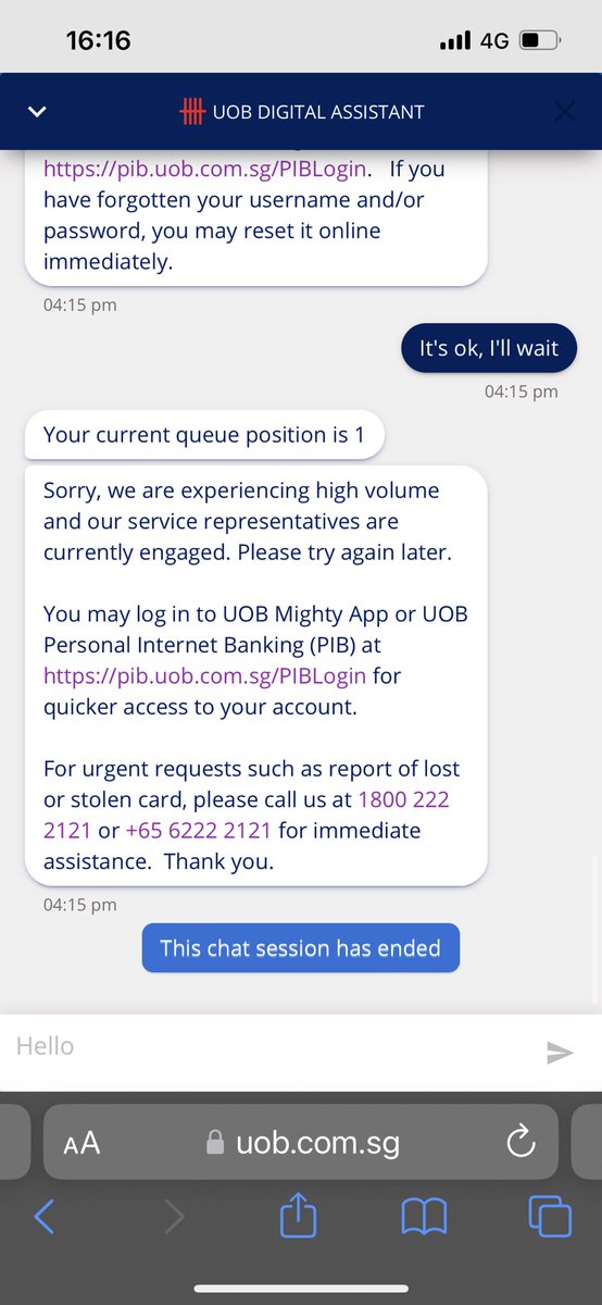 PJFairbrother's tweet photo. @UOB_Singapore Get to number 1 in the queue and then chat was ended?!? This has happened twice now. Not good way to treat customers. https://t.co/HcS4Rg6GVY