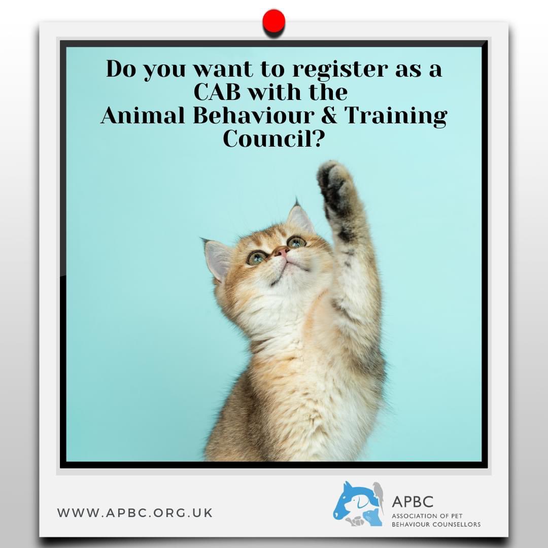 Thinking of working as CAB or ABT?

We believe that both trainers and behaviourists should be qualified, assessed and regulated.
That is why the APBC is a member of the regulating body, the <a href="/ABTCouncil/">Animal Behaviour and Training Council</a>.

Find out more: apbc.org.uk/route-to-full-…
