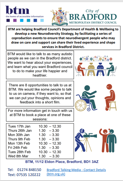 BfdForEveryone's tweet photo. Do you live in the #Bradford District? Have you been diagnosed as, or consider yourself to be, #neurodivergent? Come and share your experiences with @BTMOrg and help shape @Bradfordmdc #Neurodiversity strategy. See below for more information - JD https://t.co/XePiNjykBv